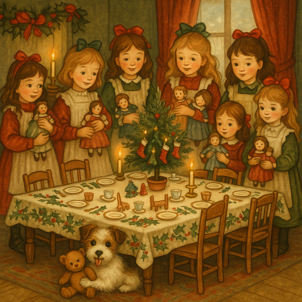 Girls gather around a festive doll-sized party table as a terrier hides Teddy Bear underneath, in A Doll's Christmas Party.