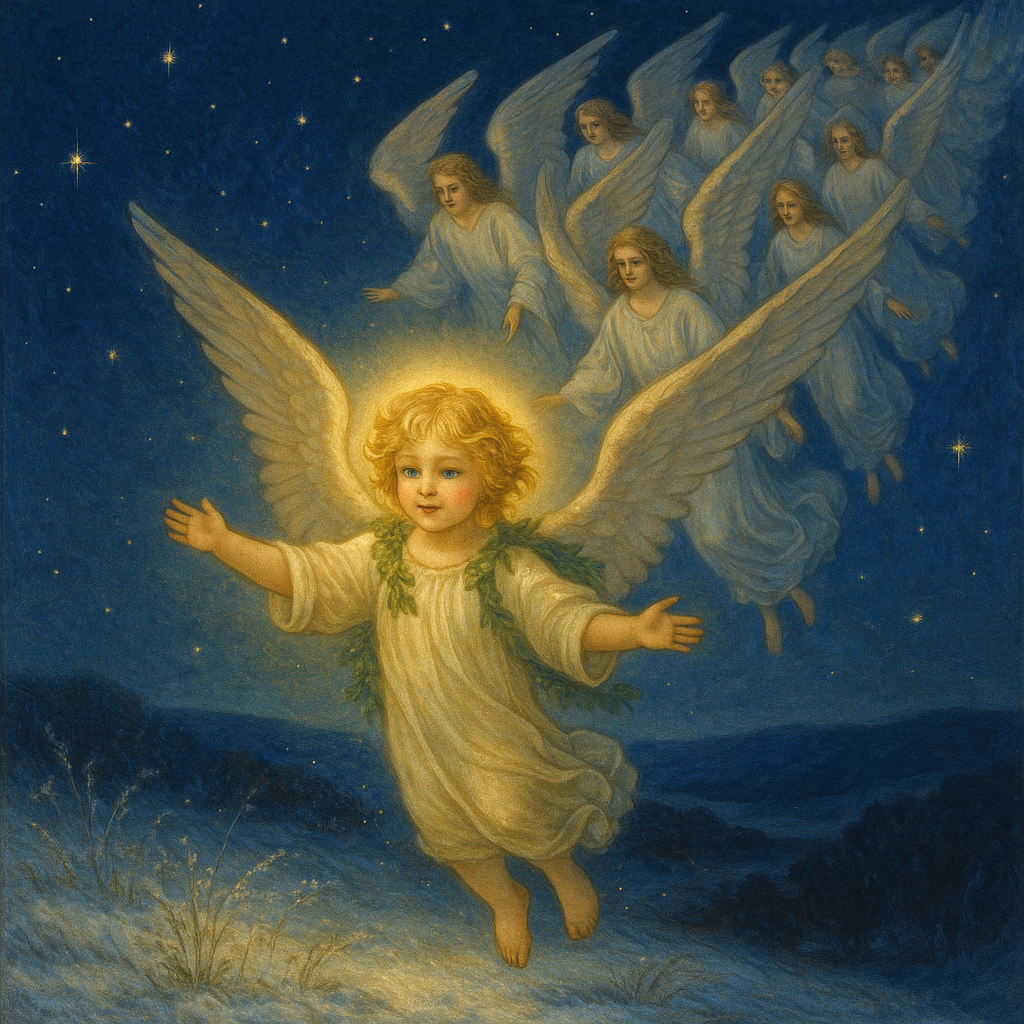 A glowing child-angel with golden hair descends through a starlit night sky in The Christmas Angel by Henry van Dyke.