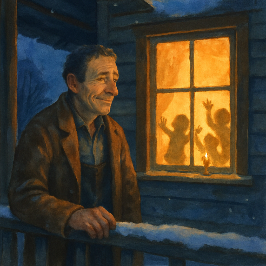 A wistful man on a snowy porch gazes at children inside — scene from A Feel In The Chris'mas-Air