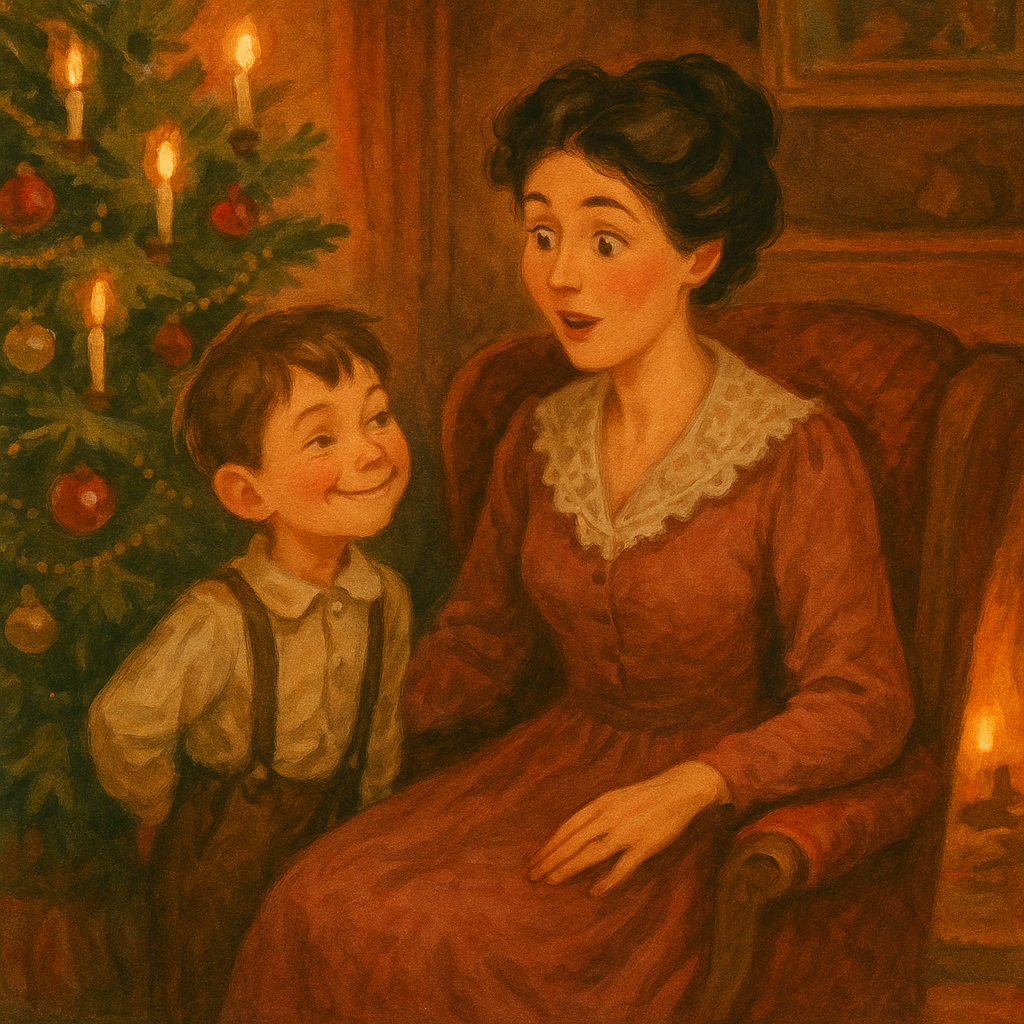 A mother and her young son share a playful Christmas moment in "A Gentle Reminder" by Alice W. Rollins.