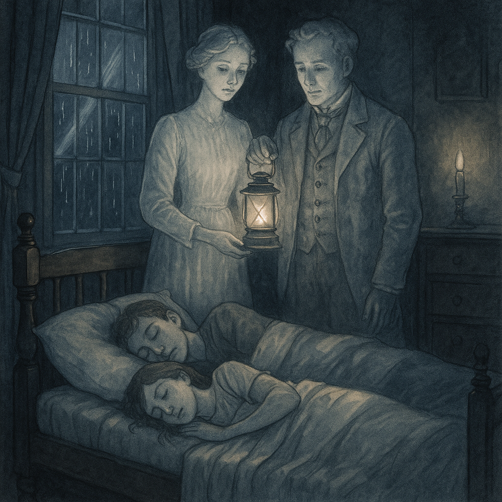 A ghostly couple holds a silver lantern over two sleeping figures in a moonlit room, in A Haunted House by Virginia Woolf.
