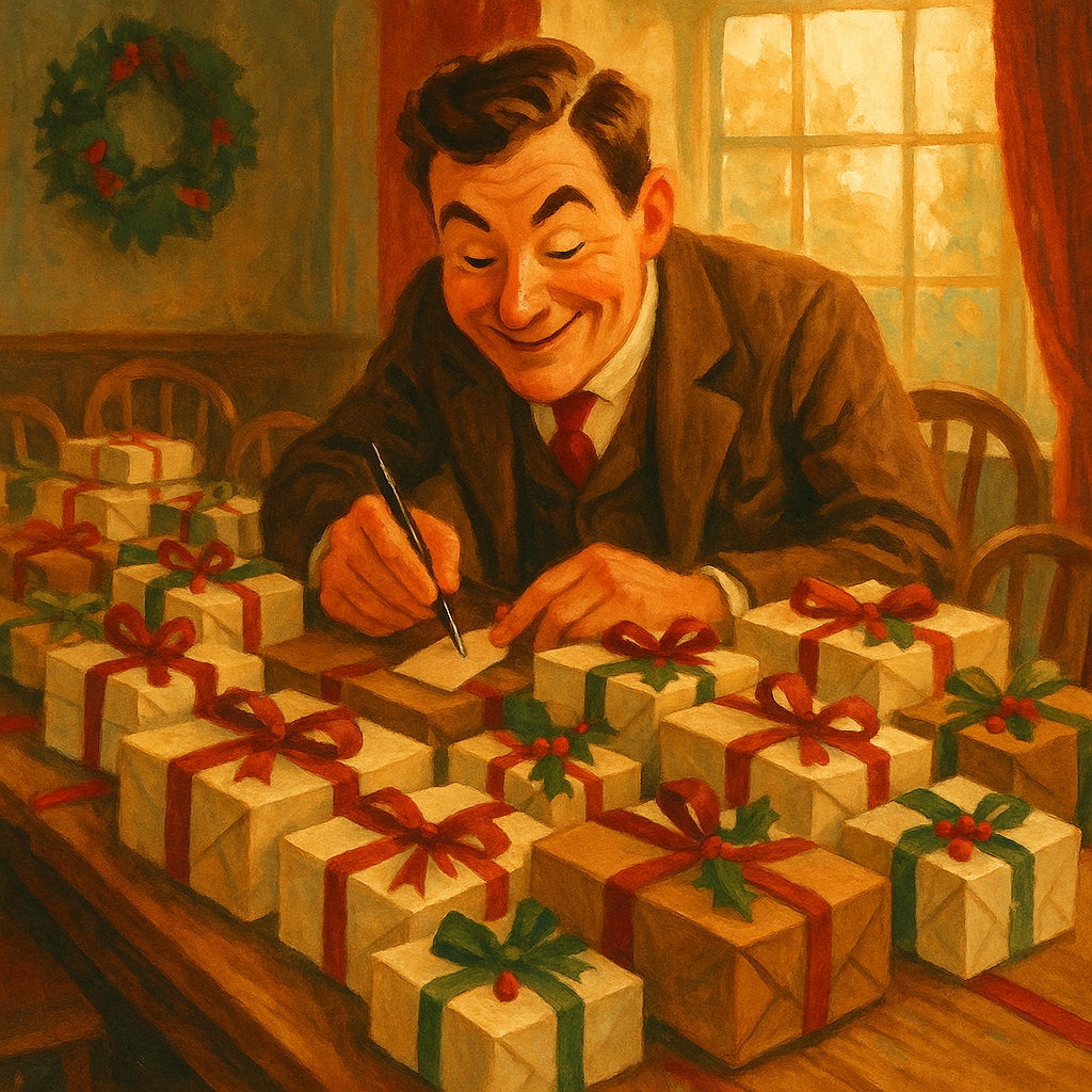 A man in an Edwardian suit secretly adds his name to Christmas gift tags in A Hint for Next Christmas by A.A. Milne.