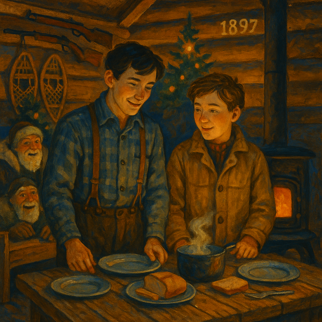 Two young brothers prepare a surprise Christmas feast in a Yukon cabin in A Klondike Christmas