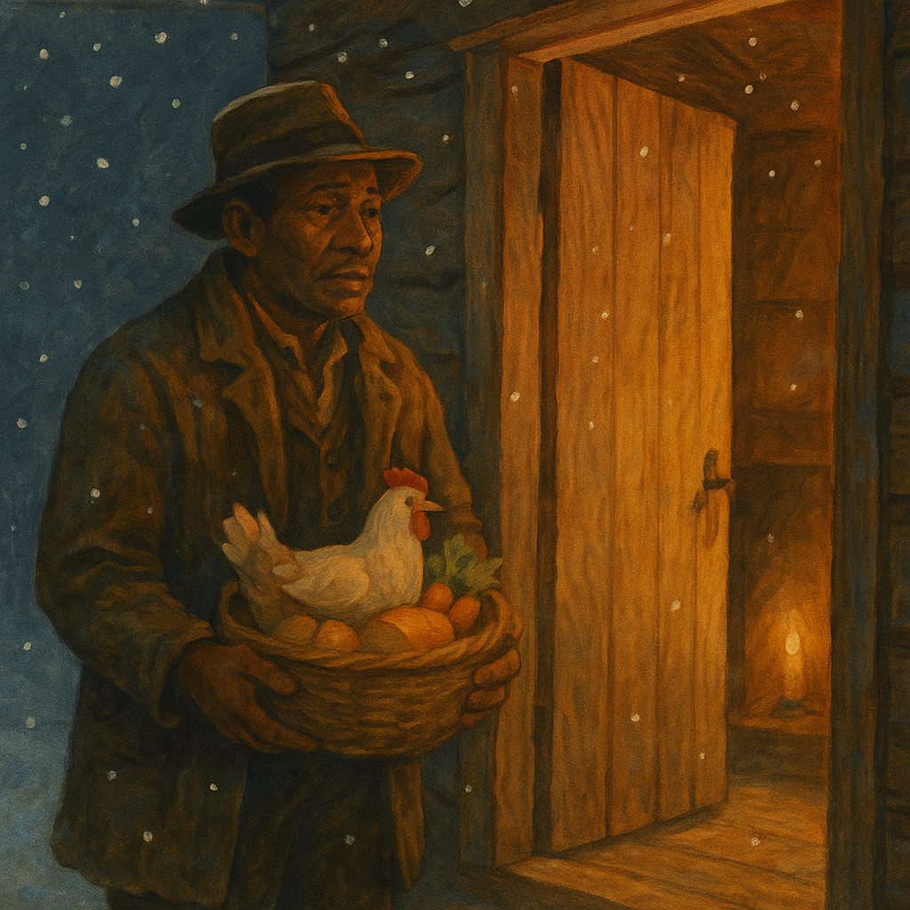 A man delivers a small Christmas basket to a cold cabin door in A Little Christmas Basket by Paul Laurence Dunbar.