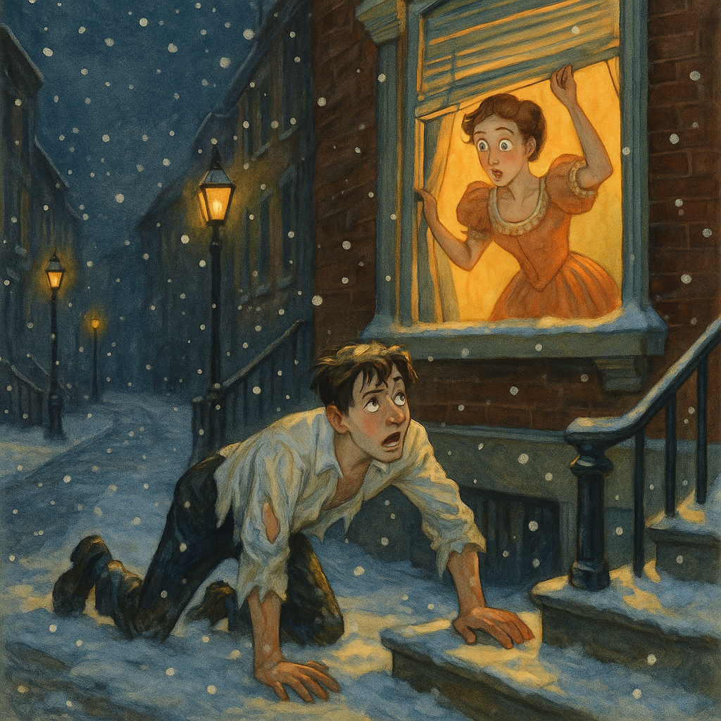 Harry Talbot crawls up snowy steps as Dorothy looks on in A Luckless Santa Claus by F. Scott Fitzgerald.