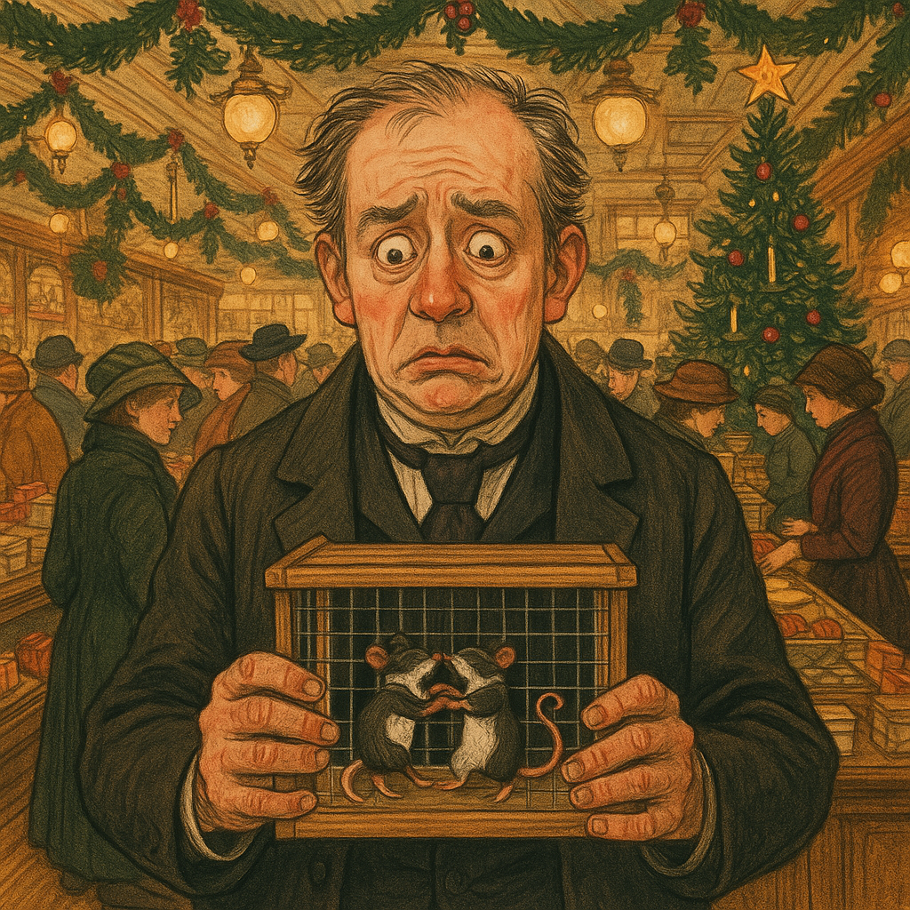A flustered Victorian businessman holds a cage of waltzing mice in a crowded Christmas department store, from "A Matter of System"