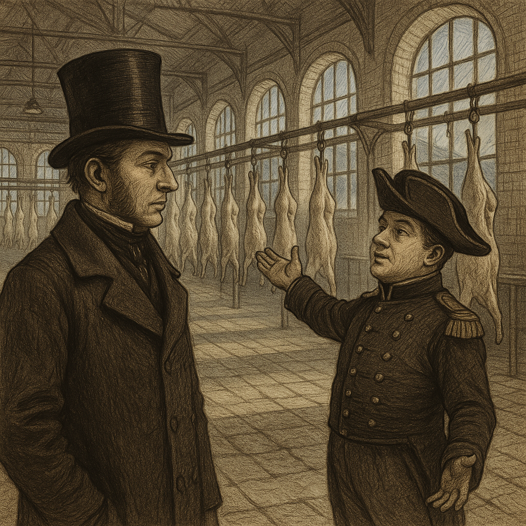 A Victorian gentleman tours a spotless Paris abattoir in A Monument of French Folly by Charles Dickens.