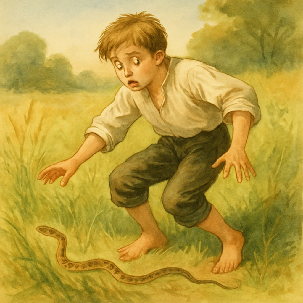 A barefoot boy startled by a spotted snake slipping through tall grass, illustrating A Narrow Fellow in the Grass.
