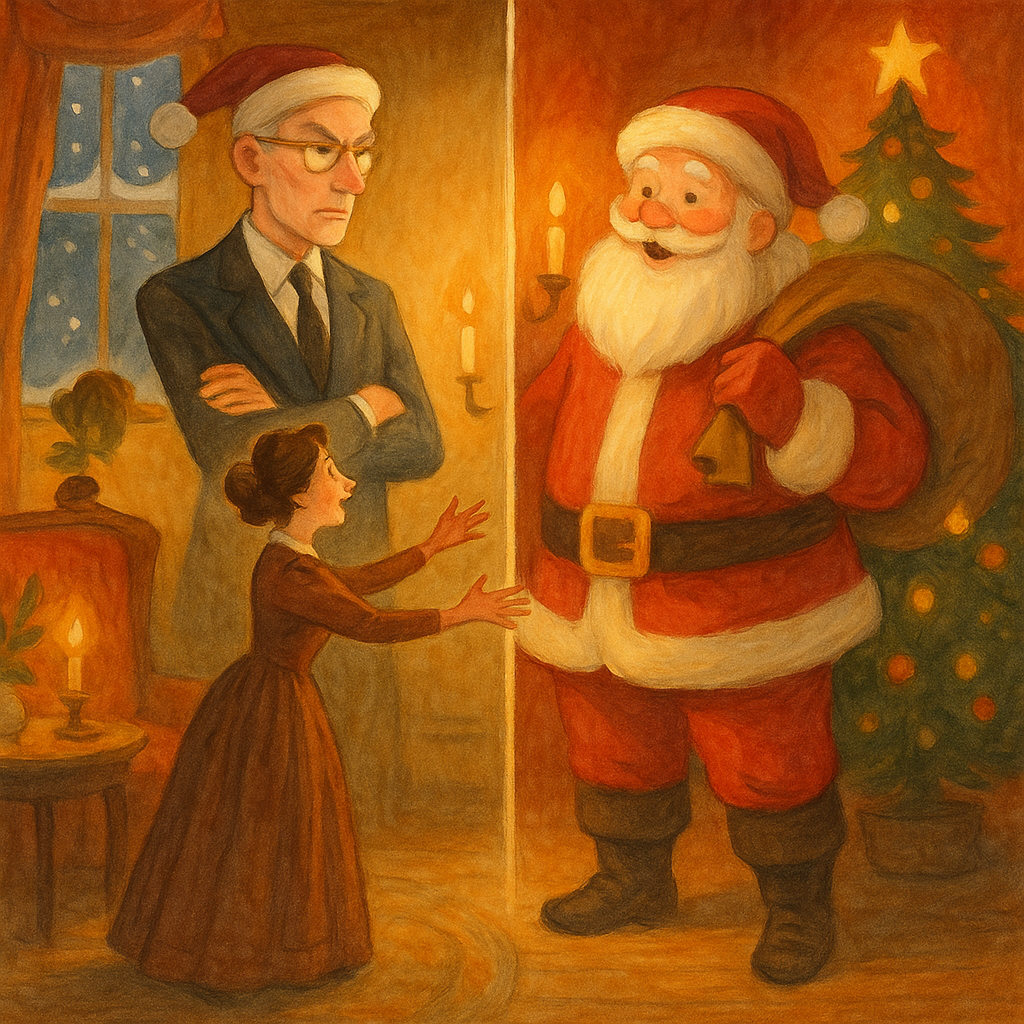 A woman pleads with a modernised Santa Claus who transforms back to his jolly self — A New-Fashioned Christmas