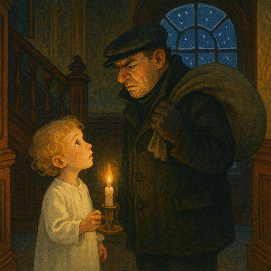 A small child pleads with a burglar in a snowy mansion hallway, illustrating A Pathetic Christmas Poem.