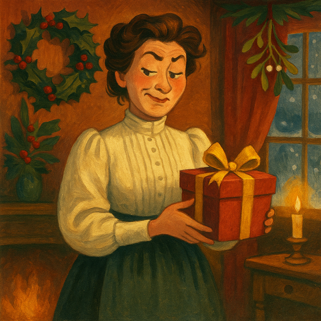 A Victorian woman holds a regifted Christmas present in a holly-decorated parlor, illustrating A Peripatetic Christmas Gift.