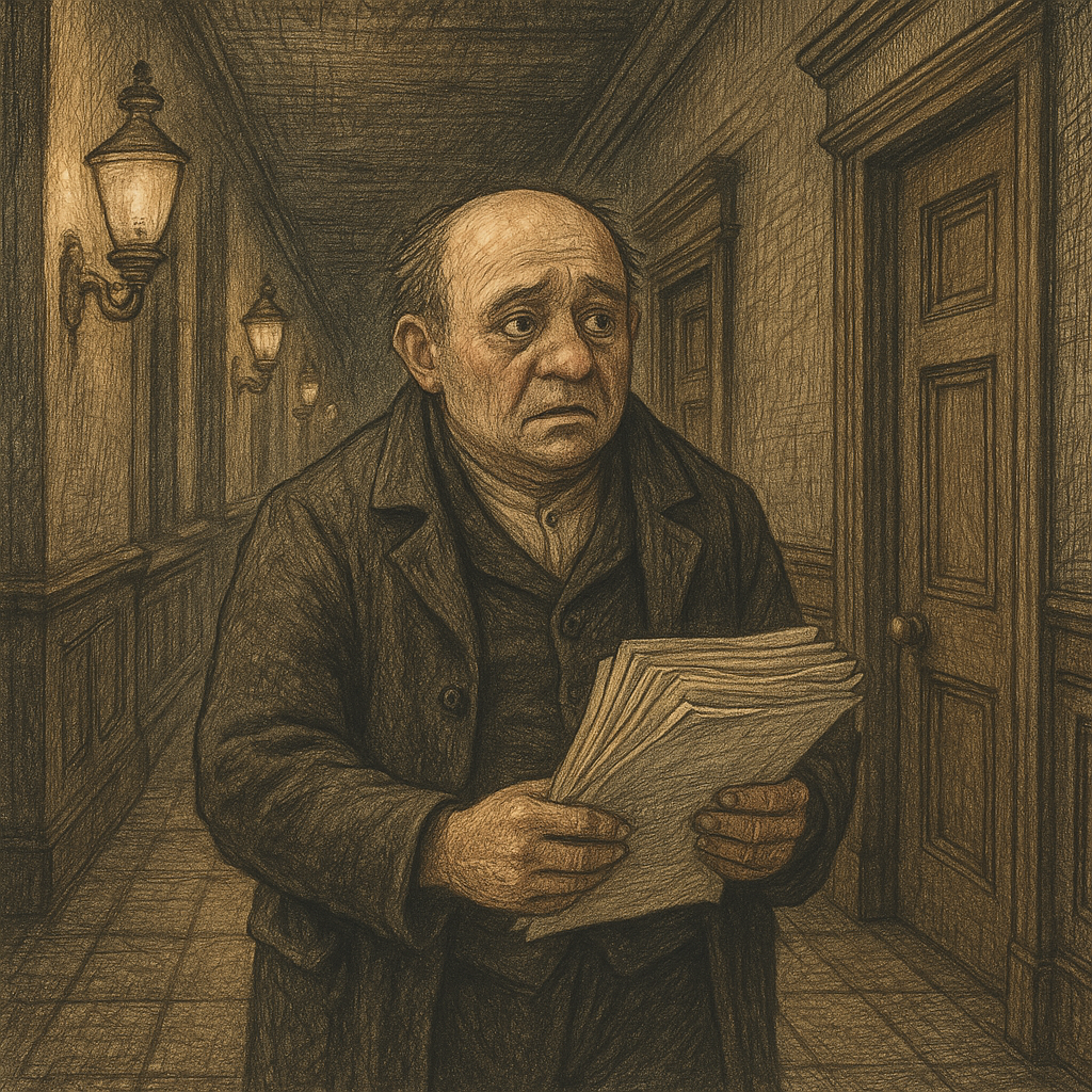 A tired working-class man clutches official papers in a Victorian government corridor, in A Poor Man's Tale of a Patent.