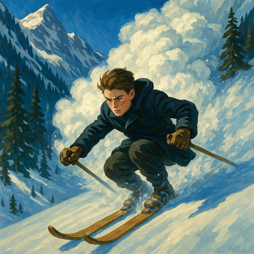 A teenage boy on skis races down a mountain ahead of a roaring avalanche, in "A Race with an Avalanche"