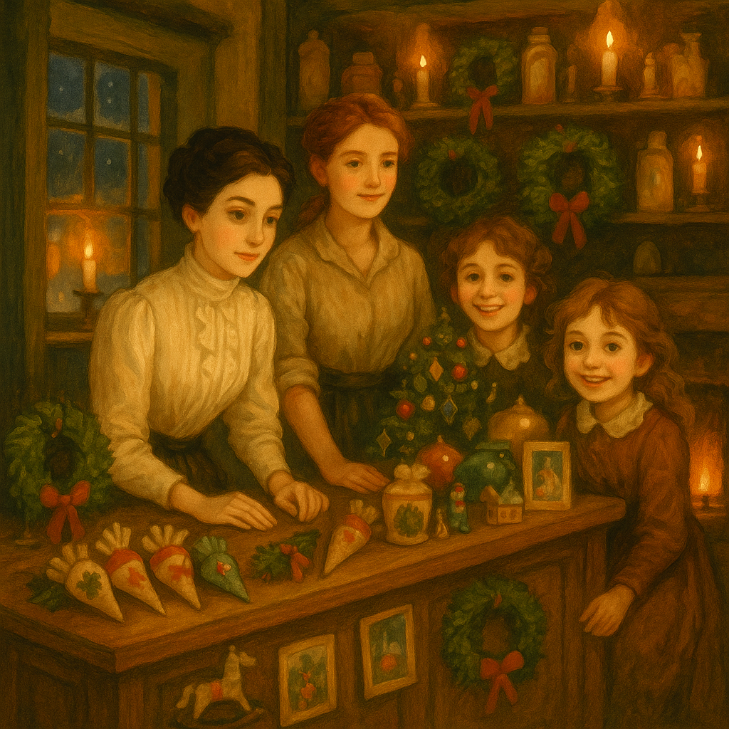 The four sisters behind their Christmas shop counter in "A Random Shot" by Marion Hill, surrounded by toys and evergreen wreaths.