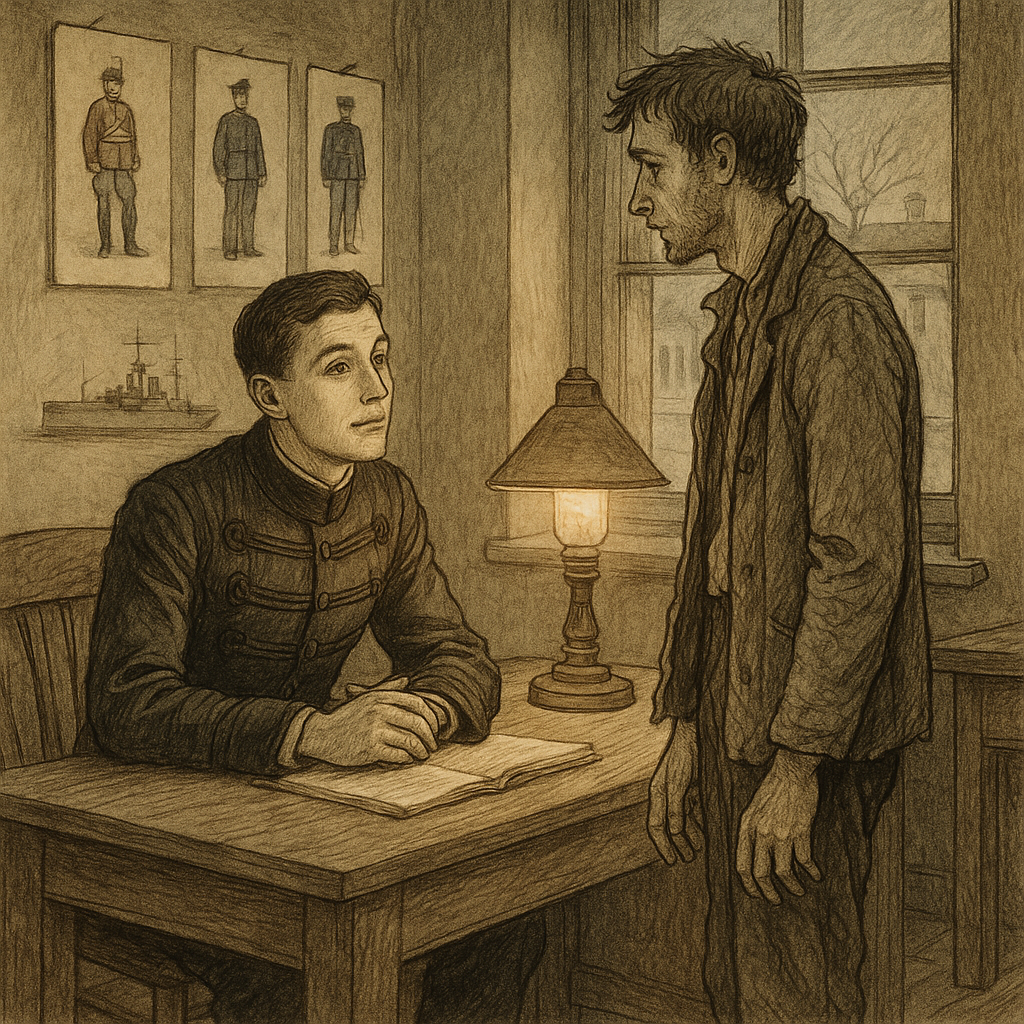 Lieutenant Claflin speaks honestly with a troubled young recruit in a sparse naval office — A Recruit at Christmas.