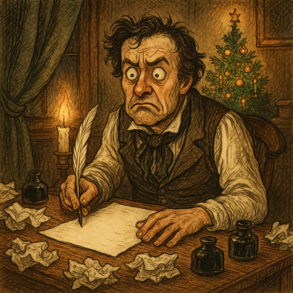 A frustrated Victorian poet at his desk surrounded by crumpled papers, in A Rhyme For Christmas.