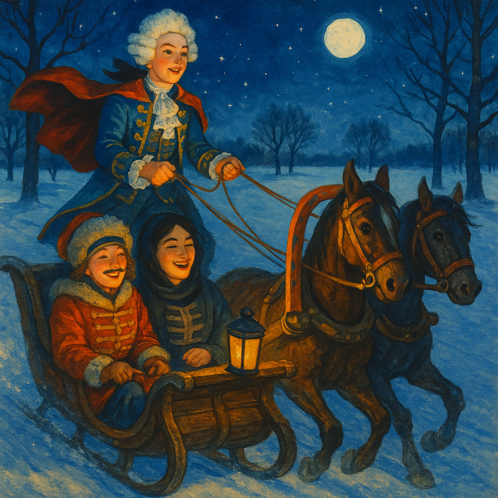 Nicolas drives Natacha and Sonia in a moonlit troika sleigh in A Russian Christmas Party by Tolstoy.