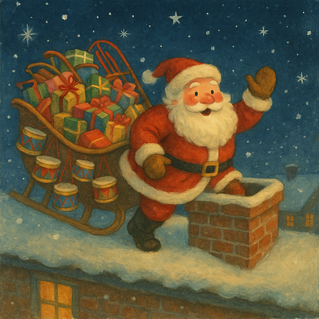 Santa Claus descending a snowy rooftop chimney with a sleigh full of gifts, illustrating A Santa Claus Poem.
