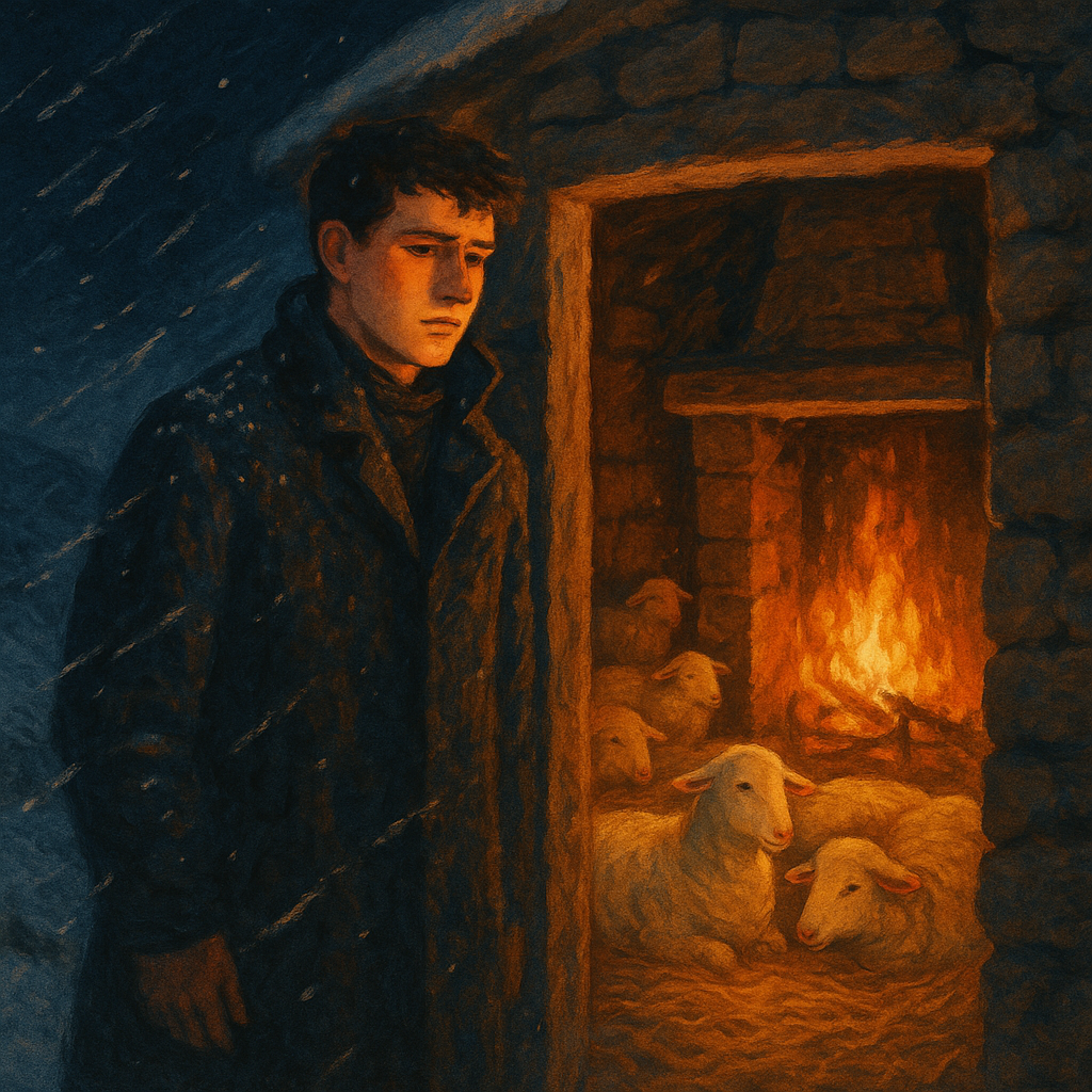 A young shepherd warms his flock by firelight in a snowy mountain shed, in A Shepherd's Christmas.
