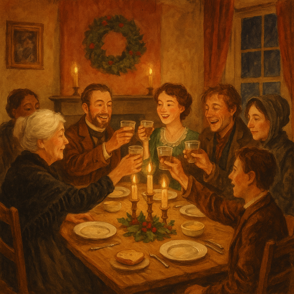 A warm Victorian Christmas dinner table scene with joyful guests raising glasses, illustrating A Simple Bill of Fare for a Christmas Dinner.