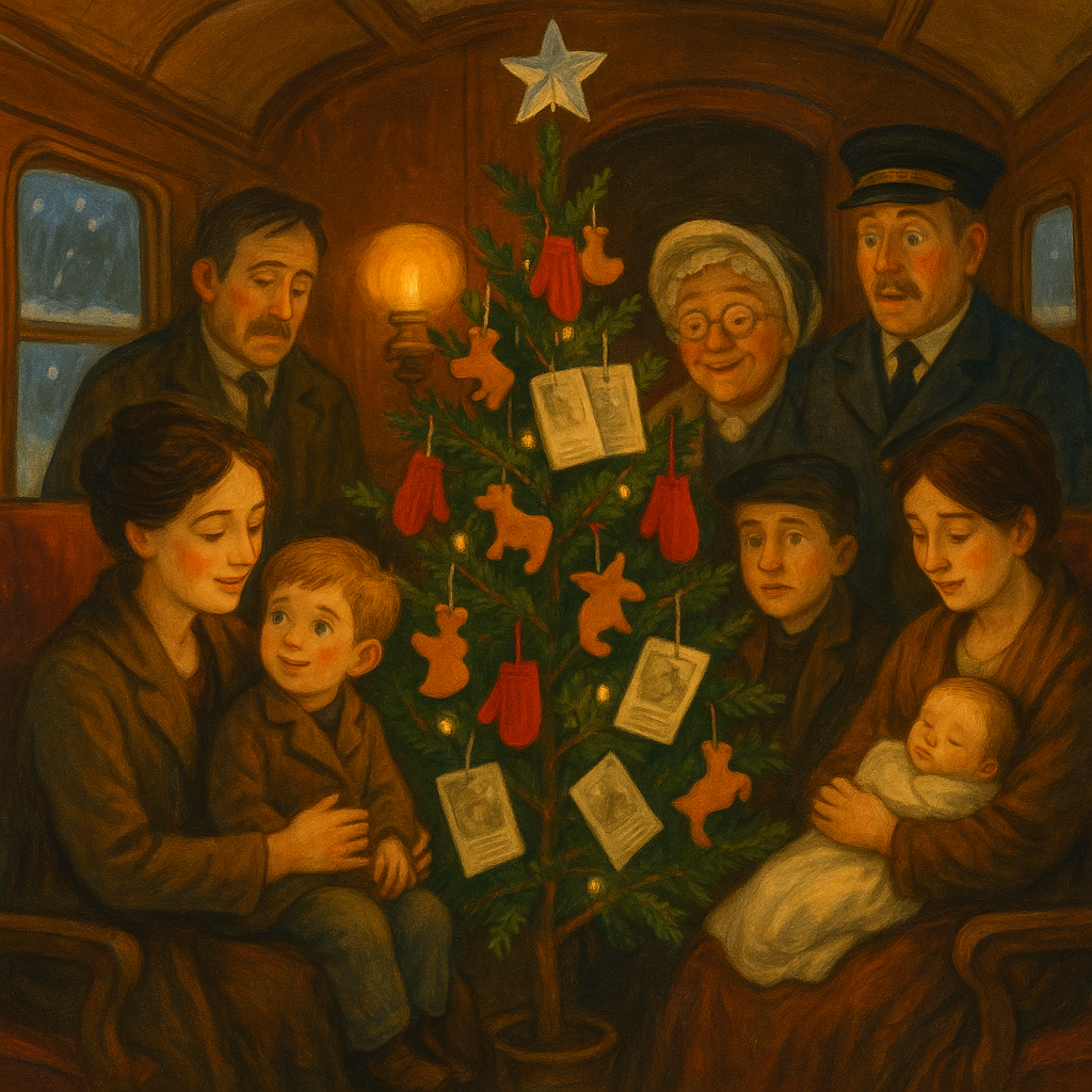 Passengers gather around a makeshift Christmas tree inside a snowbound train car, in A Snow-Bound Christmas.