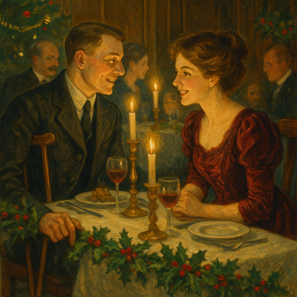A retired officer and a young woman share a lively Christmas dinner conversation, illustrating A Soldier's Christmas.