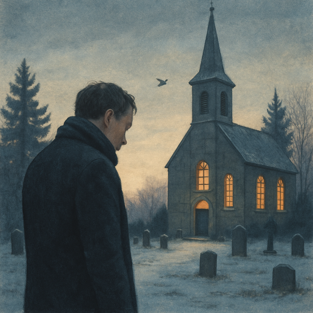 A lone man in a winter churchyard at dawn, steeple rising behind him — A Song For Christmas by George MacDonald
