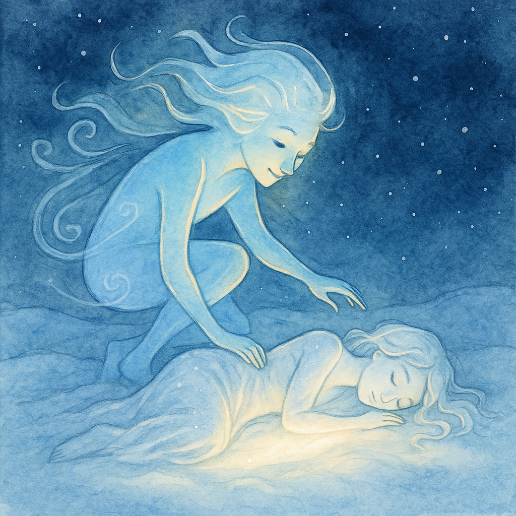 The Christmas wind spirit crouching beside a dreaming moonbeam on snow, illustrating A Song of the Christmas Wind.