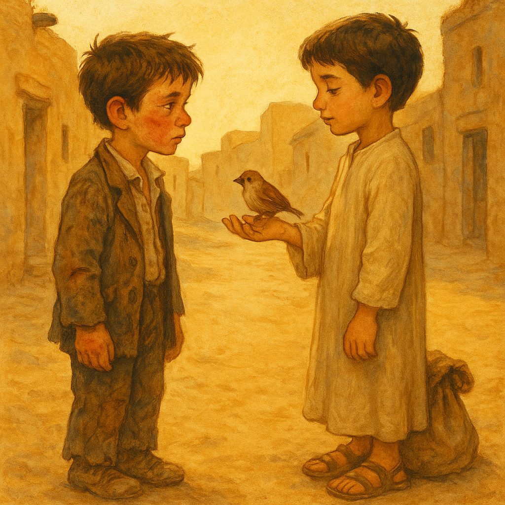 Tommy meets a mysterious boy holding an injured sparrow on a dusty village street, in A Story That Never Ends.
