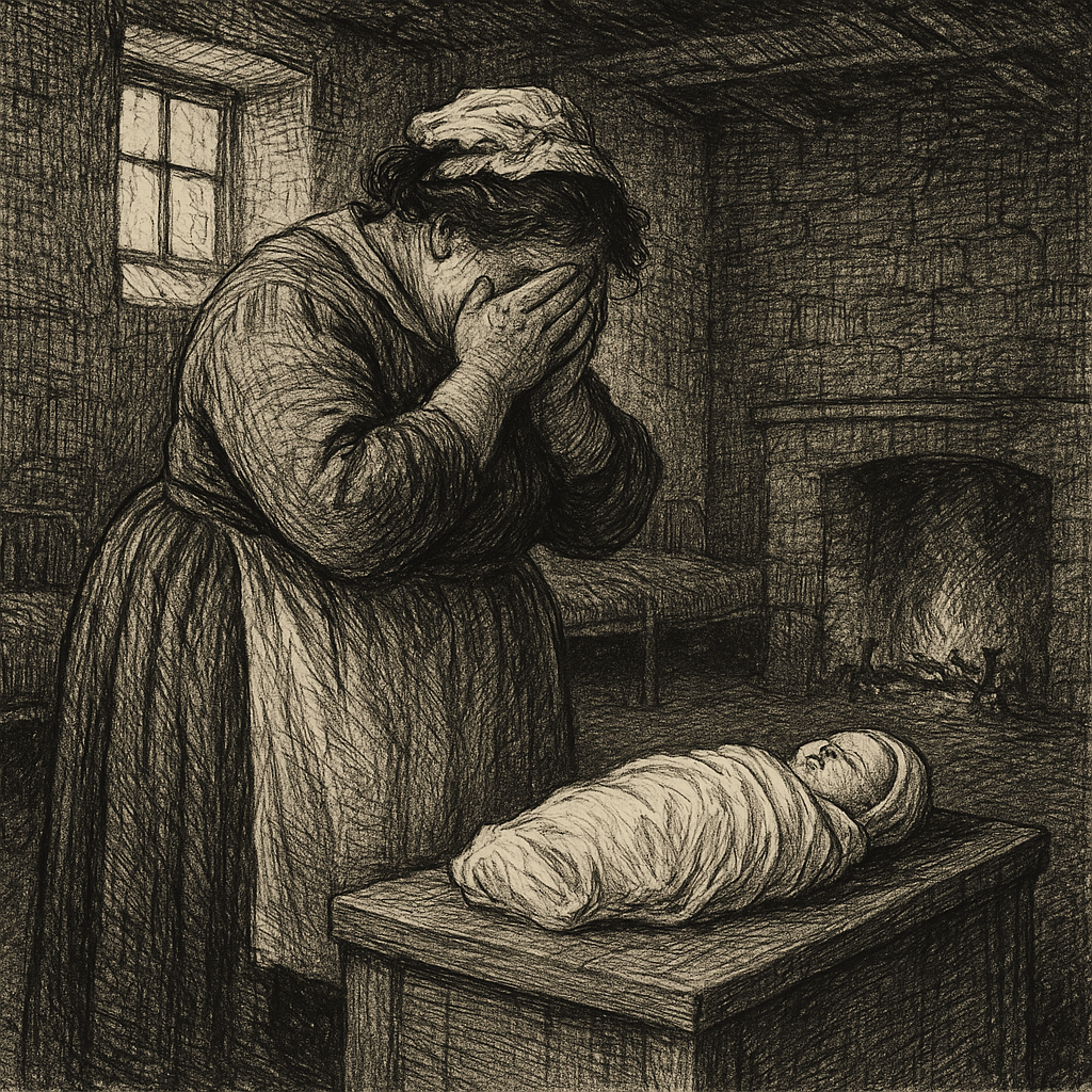A grieving pauper nurse weeps over a small wrapped infant in a dim workhouse ward, in A Walk in a Workhouse.