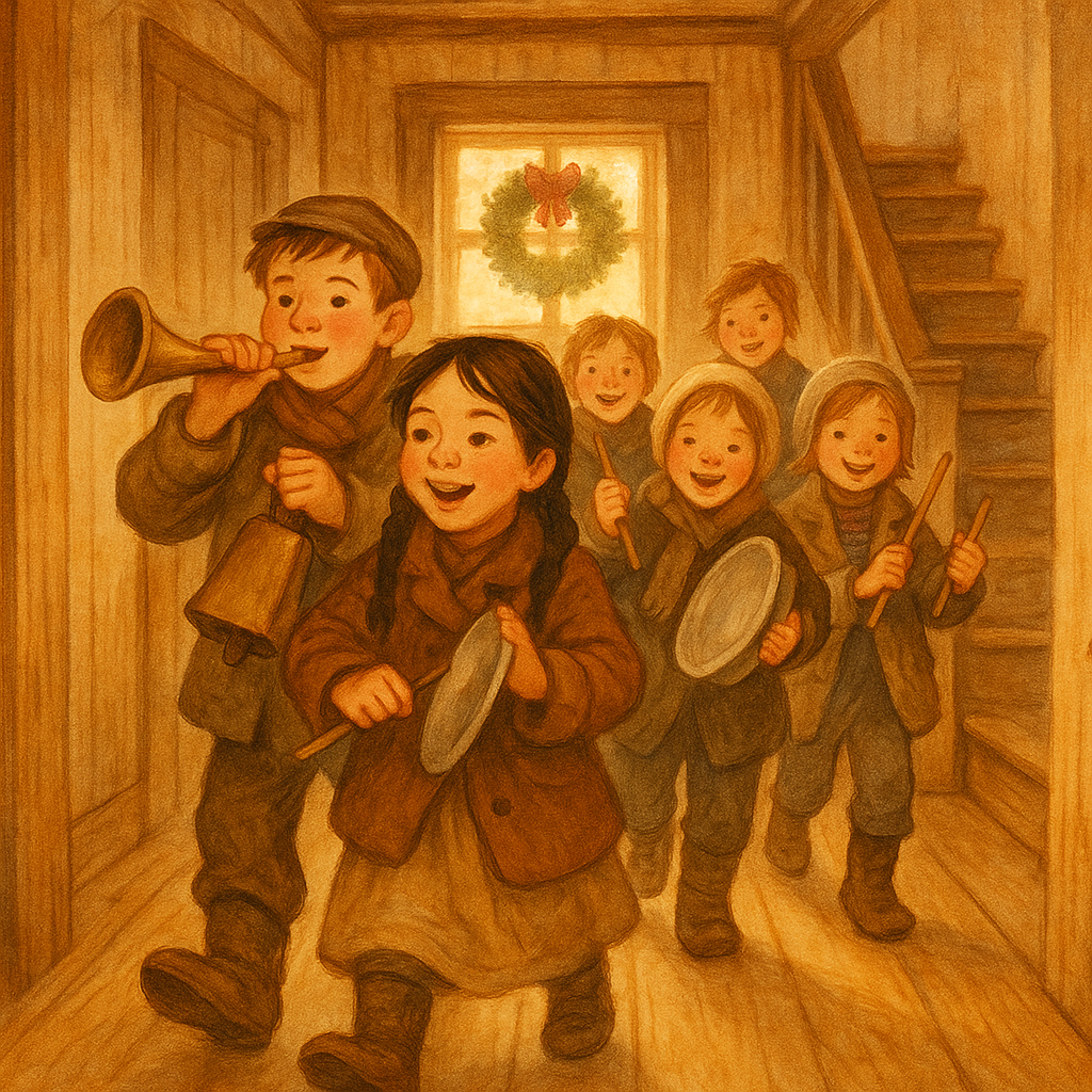 Children marching through a frontier farmhouse on Christmas morning in A Western Christmas in the Old Days
