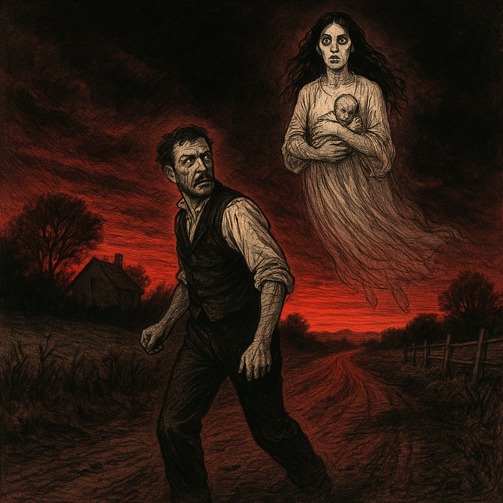 A man stares in terror at a glowing apparition of a woman holding a child, floating in red light — A Wireless Message