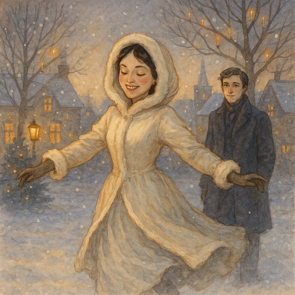 A young woman in fur-trimmed coat dances in a snowy Christmas square, illustration for "About the Tide of Christmas"