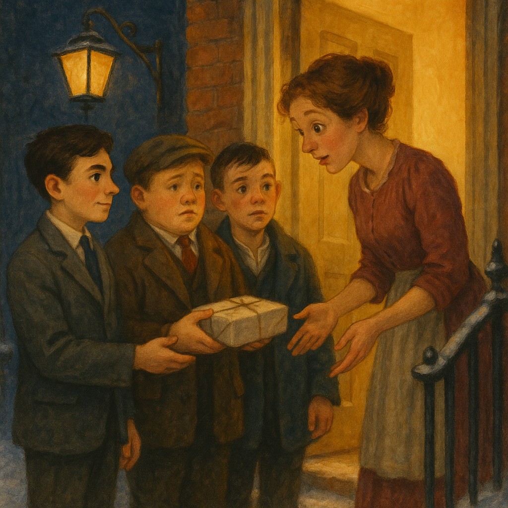 Three boys presenting a wrapped gift to a young woman at her doorstep in Alice's Christmas-Tree