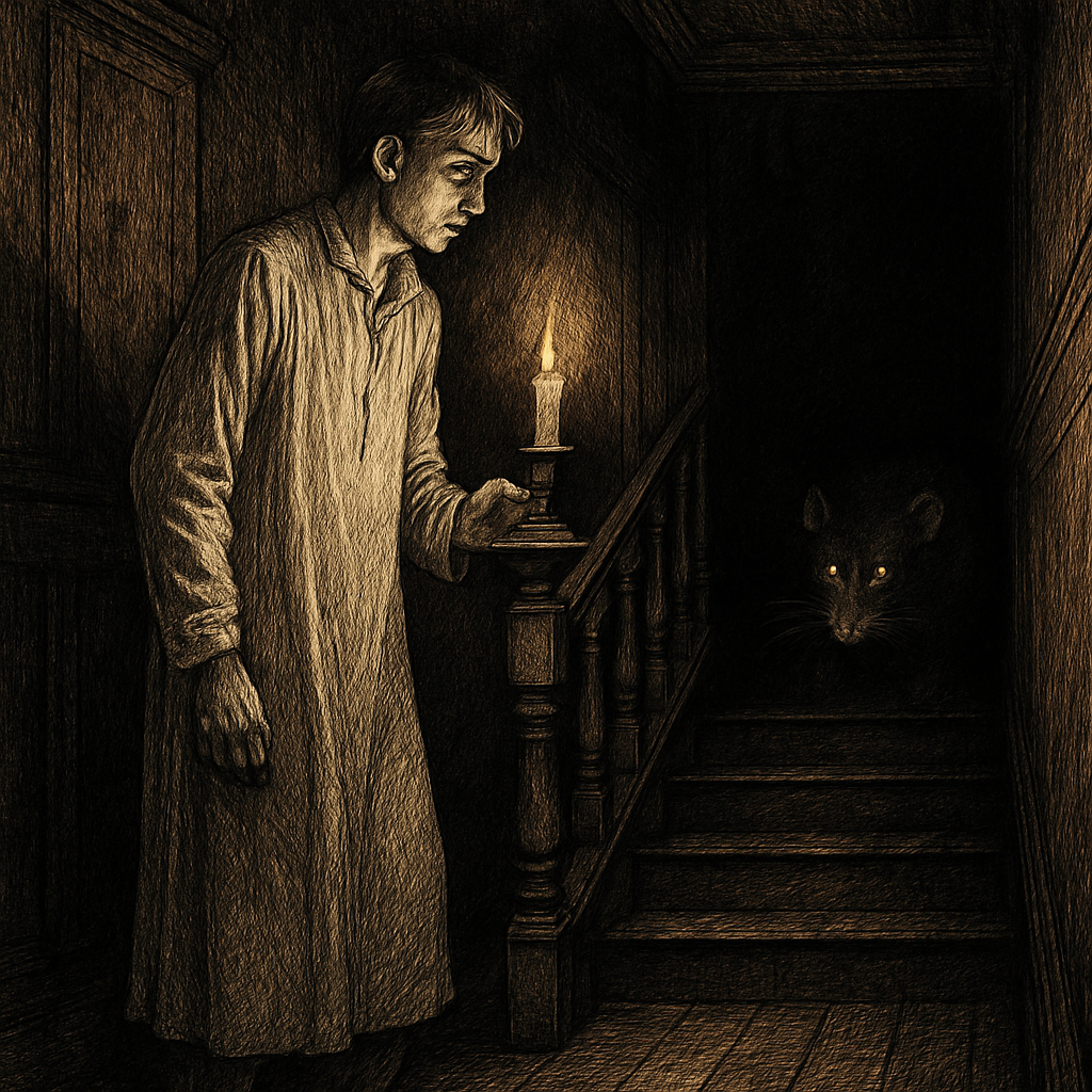 A terrified young man with a candle faces a monstrous grey rat on the stairs, in Strange Disturbances in Aungier Street.