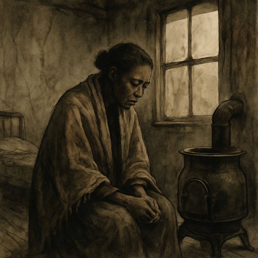 A grieving mother sits alone by a cold empty stove in a bare tenement room, a scene from An Old-time Christmas.