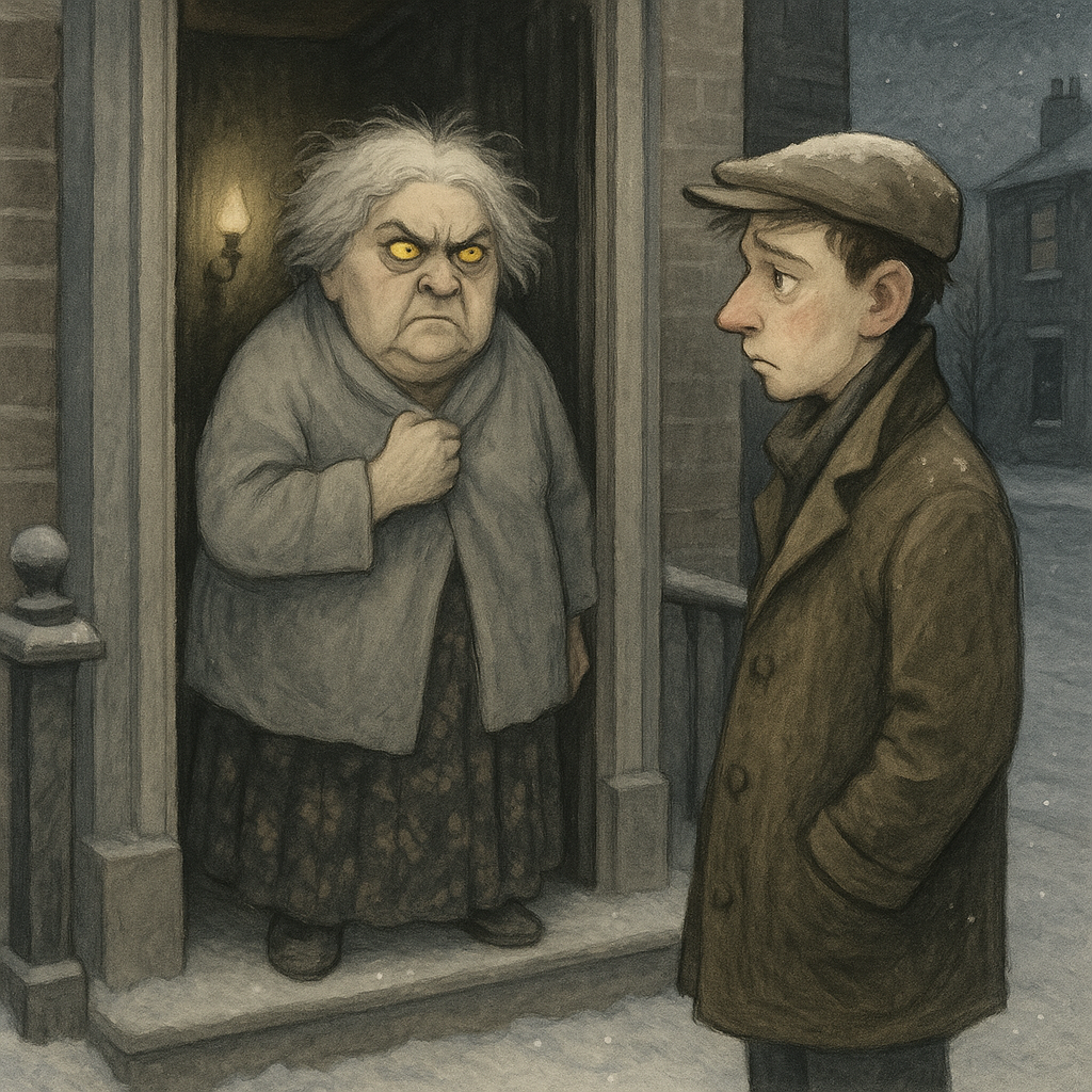 A suspicious landlady glares at a young lodger on her snowy doorstep, in An Unfinished Christmas Story by O. Henry.
