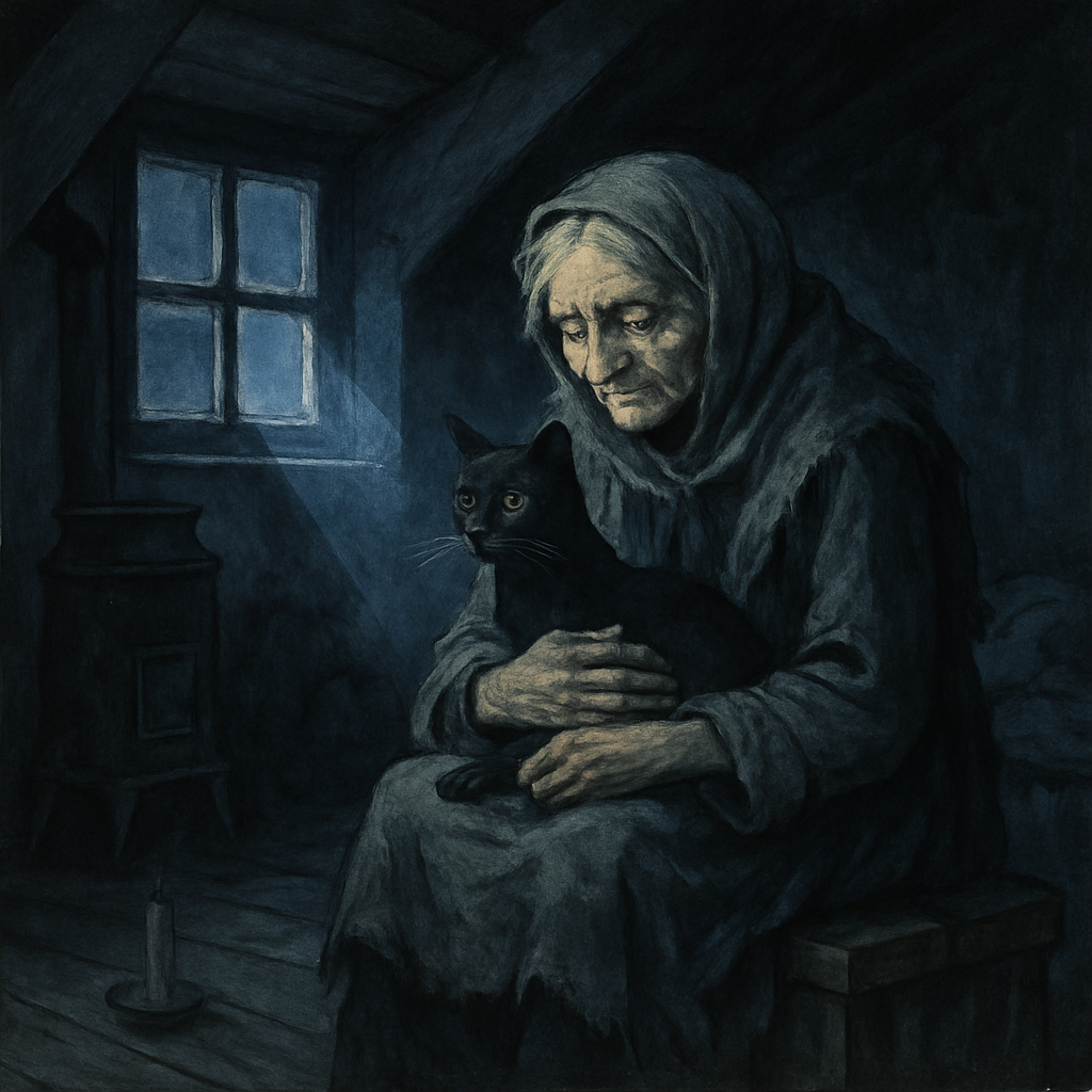 Een oude vrouw houdt een magere zwarte kat vast in een koud zolderkamertje bij maanlicht, een scène uit Angela's Christmas.