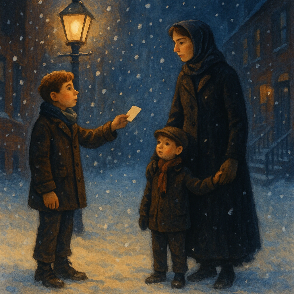 A boy guides a lost immigrant mother and child through snowy Boston streets on Christmas Eve, scene from Asaph Sheafe's Christmas.