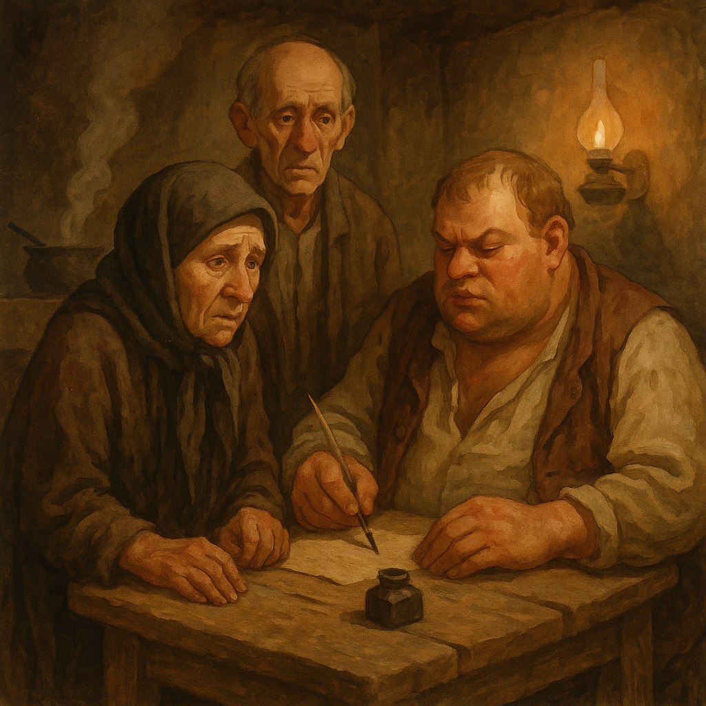 Vasilisa stands anxiously as scribe Yegor writes her letter in the tavern kitchen, in "At Christmas Time" by Chekhov.