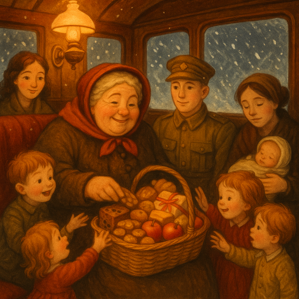 Aunt Cyrilla opens her Christmas basket for stranded train passengers in "Aunt Cyrilla's Christmas Basket"