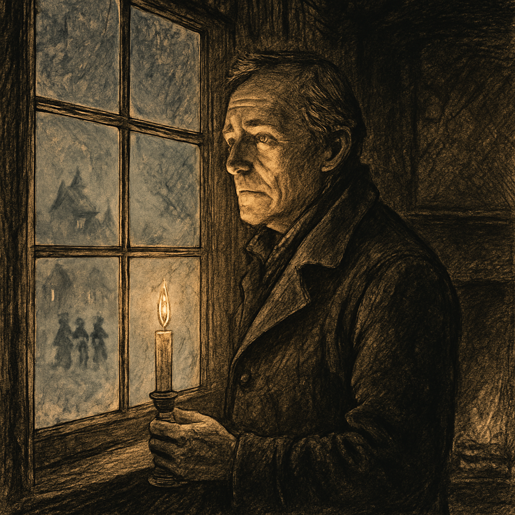 A man gazes through a frosty window on Christmas Eve, in an illustration for Ballade of Christmas Ghosts.
