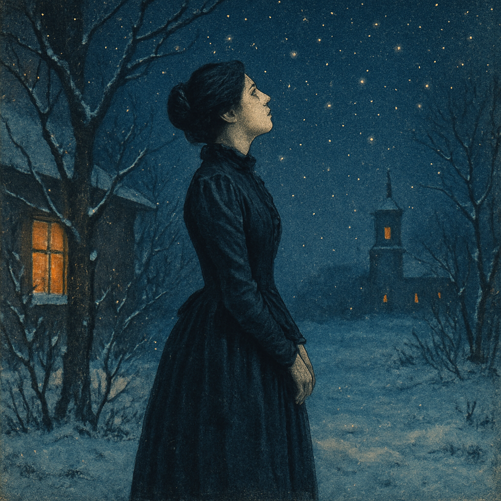 A Victorian woman gazing at a starlit winter sky in "Bells Across the Snows" by Frances Ridley Havergal