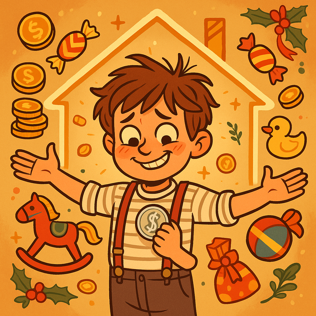 A boastful boy clutching his Christmas dollar in the poem Benevolent Boy!