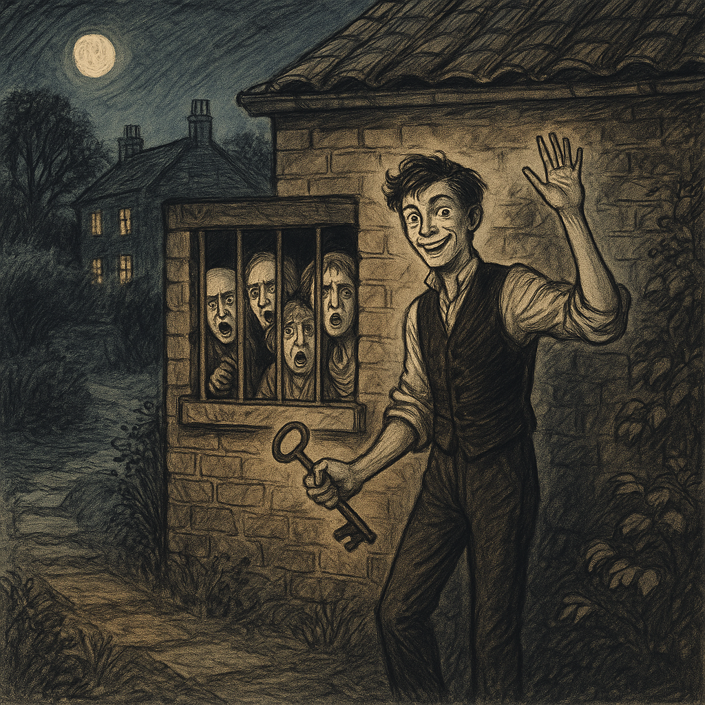 Bertie grins outside the locked cowshed as trapped family members peer through the bars, in Bertie's Christmas Eve by Saki.