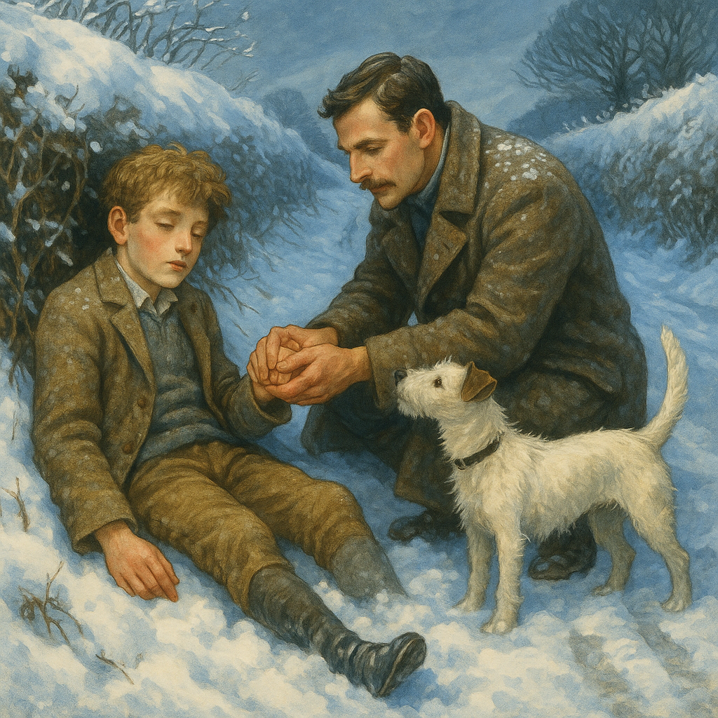 A boy slumped in a snow drift is found by a soldier and a terrier, a scene from Bertie's Ride.