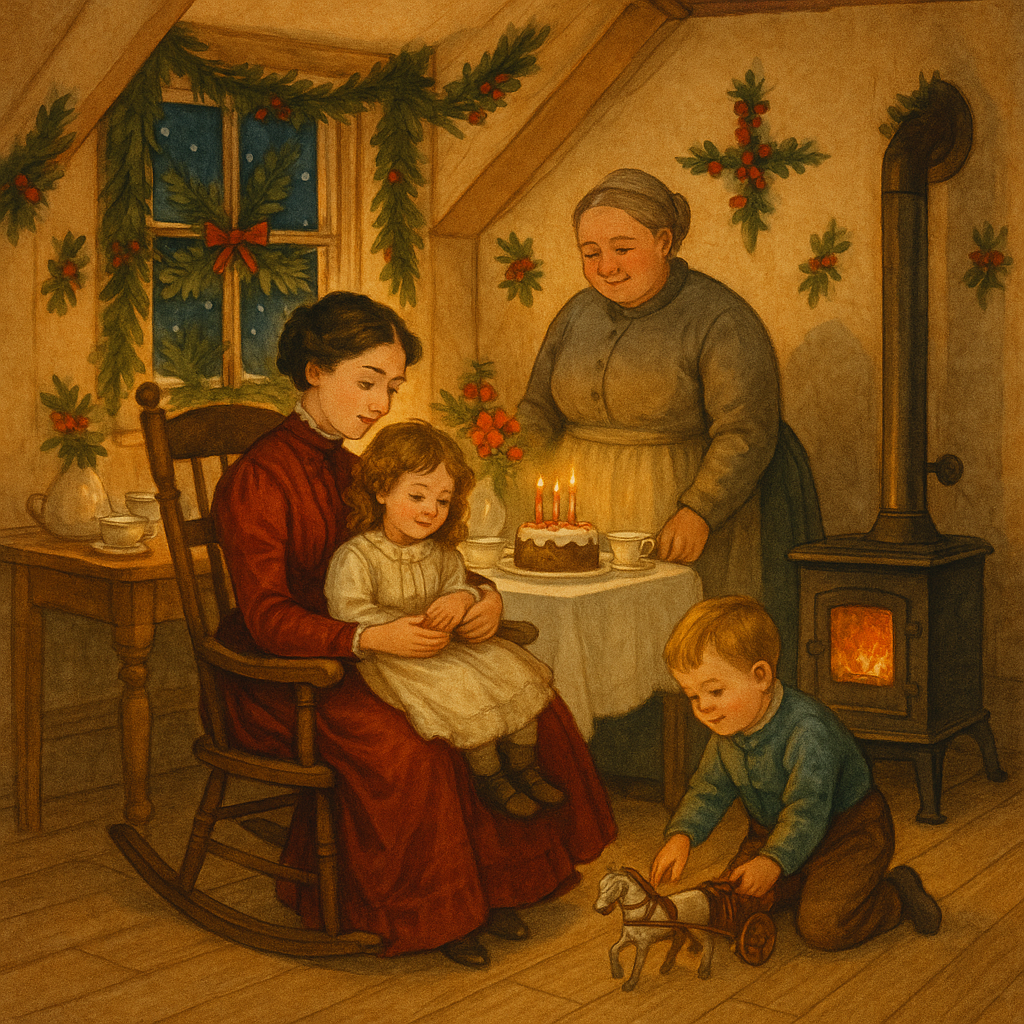 Florence sits with little Elsie by the decorated stove in Betty's Bright Idea, as Betty watches Tottie play with his new toy.