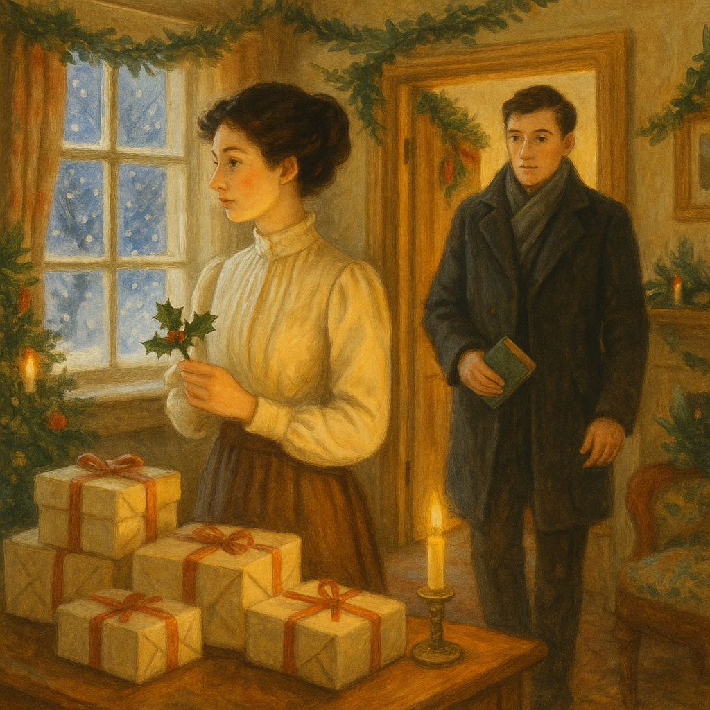 Marjorie holds a holly sprig in an Edwardian parlour as Billy arrives at the door in Billy's Christmas Greeting.