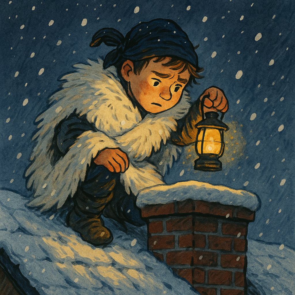A snow-covered boy in a fur rug costume peers into a chimney by lantern light in Billy's Santa Claus Experience.