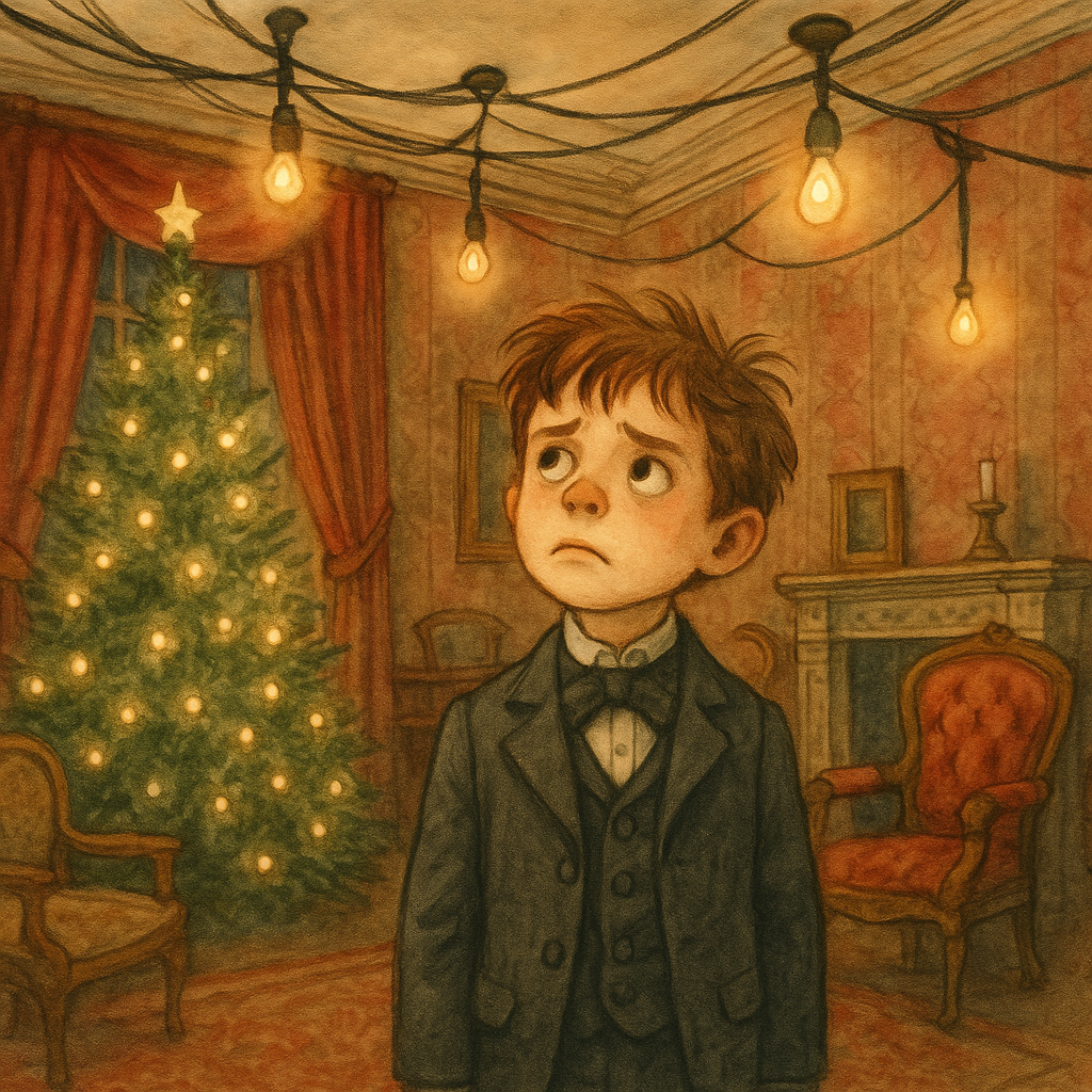 A young boy in a formal suit looks worriedly at electric wires instead of a chimney in Bobby's Christmas Plaint.